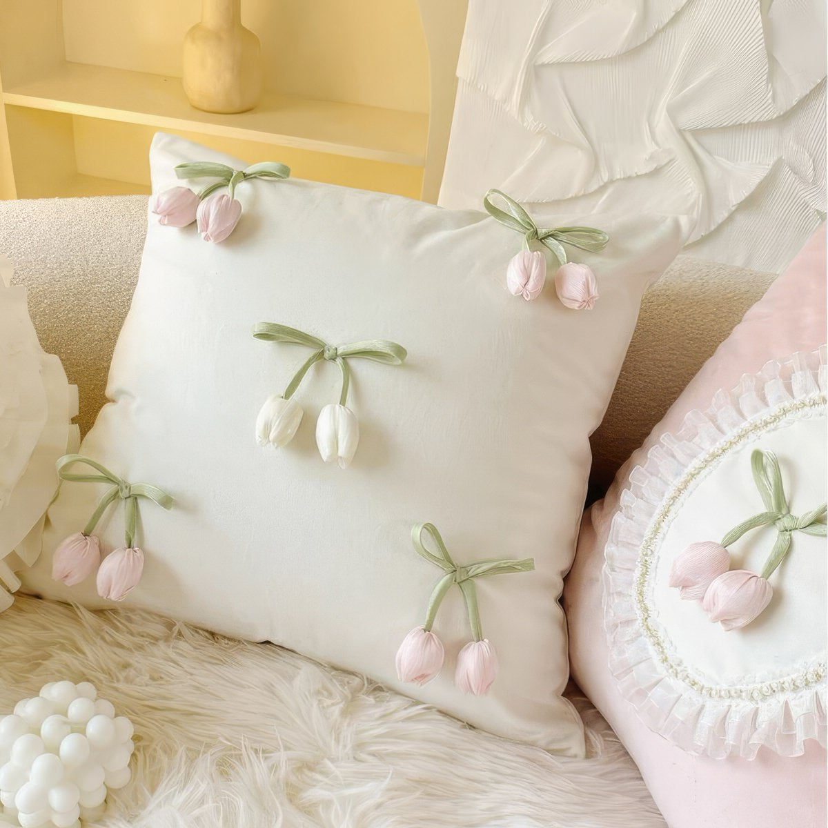 French Vintage Tulip & Ruffle Pillow Cover