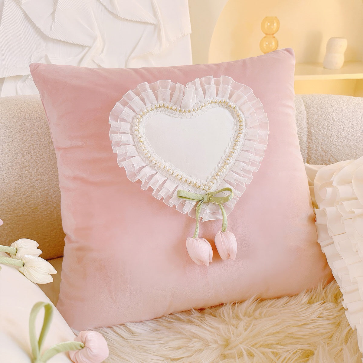 French Vintage Tulip & Ruffle Pillow Cover