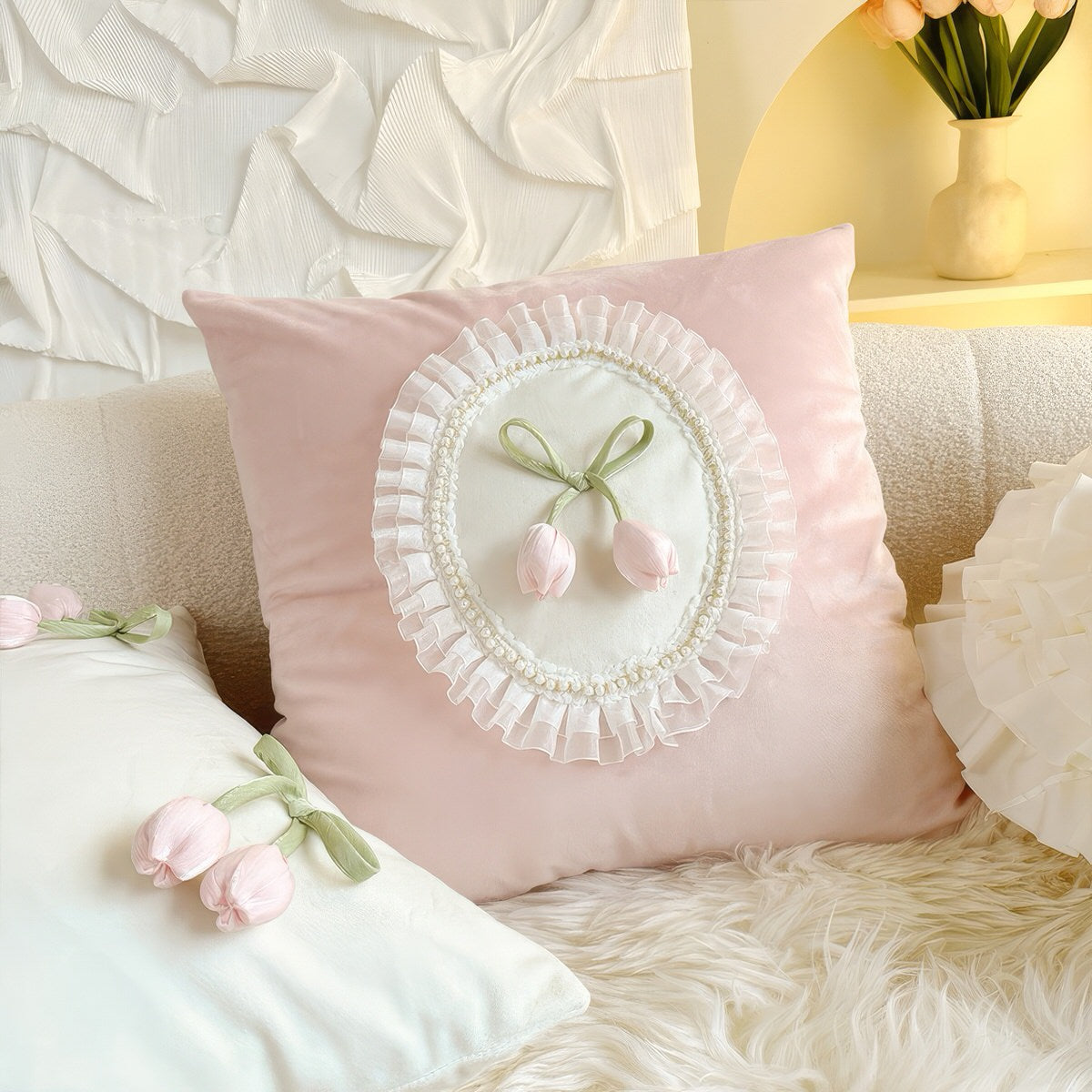 French Vintage Tulip & Ruffle Pillow Cover