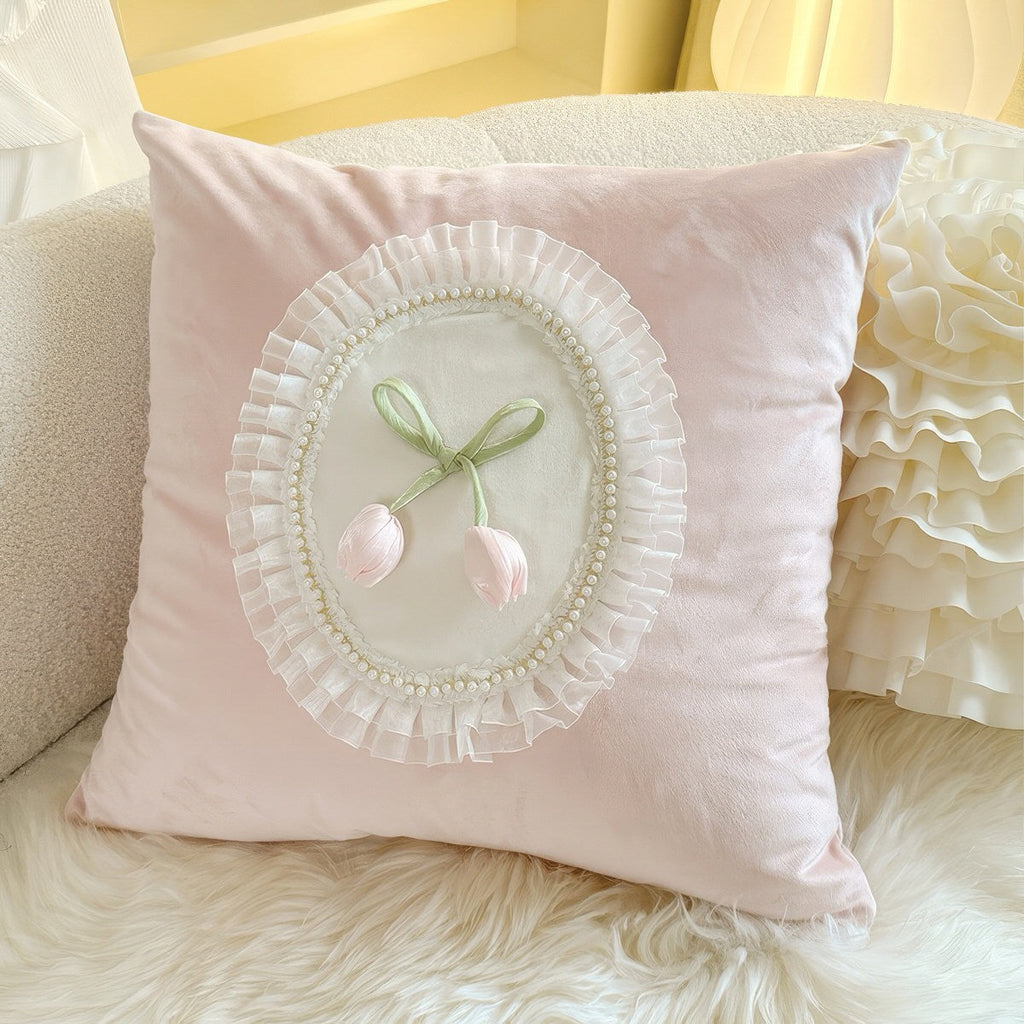 French Vintage Tulip & Ruffle Pillow Cover