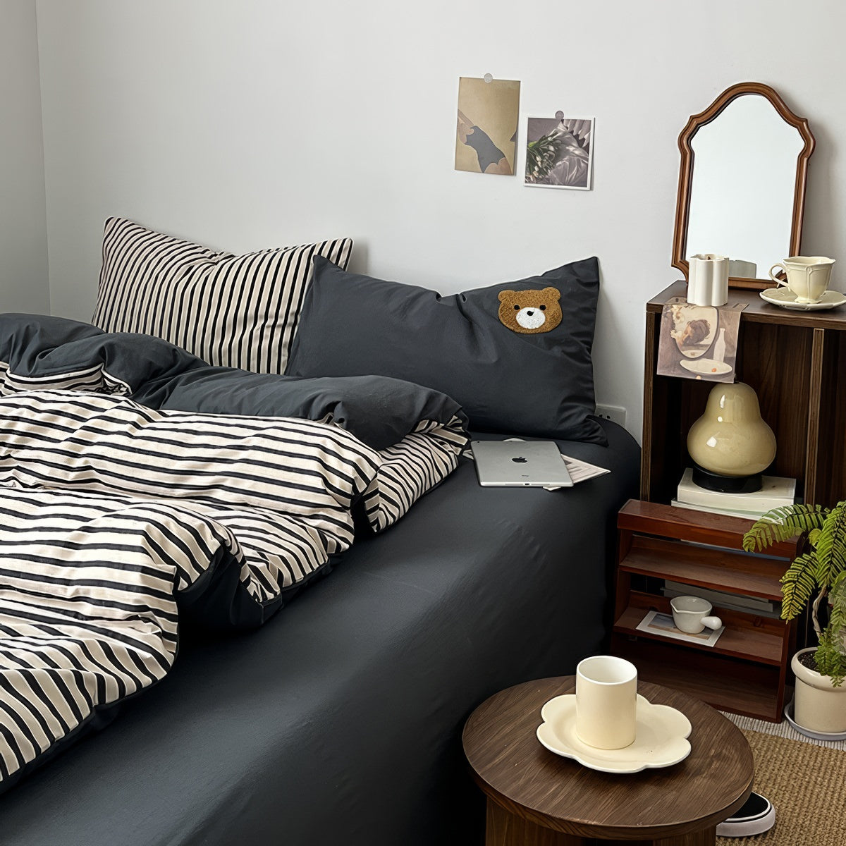 Navy & Cream Striped Bedding Set