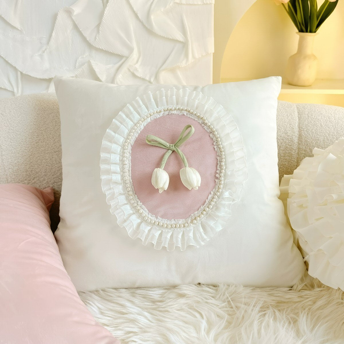 French Vintage Tulip & Ruffle Pillow Cover